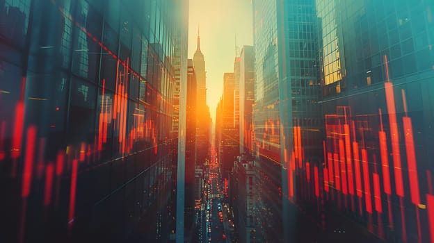 A hazy image of a city with a graph in the foreground depicting the worlds atmosphere and skyscrapers. Water and sky blend with atmospheric phenomenon, creating a painting of tints and shades