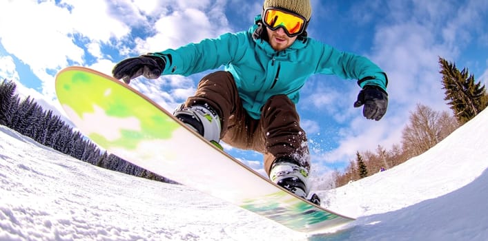 Mountain descent: snowboarder carving through fresh powder in winter mountains, capturing essence of outdoor sports and exhilaration of gliding down pristine slopes under sky