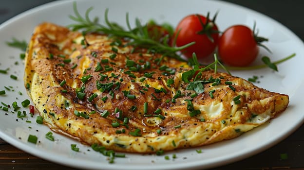 A dish consisting of a white plate featuring an omelet garnished with tomatoes and fines herbes, showcasing a delicious blend of ingredients and flavors