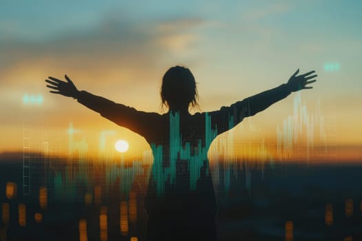 A person stands silhouetted against a stunning sunset, arms outstretched in a gesture of freedom and ambition. Digital elements overlay the scene, symbolizing growth and opportunity.
