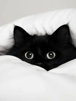 A black cat cautiously peeks out from under a cozy blanket on a chilly day..