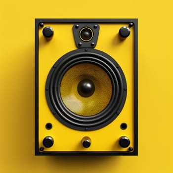 Contemporary yellow audio speaker with knobs on vibrant yellow background