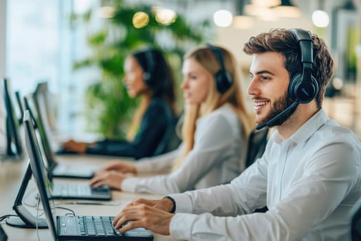 Dynamic scene of call center agents engaged in virtual support. Focused professionals use headsets and computers to assist customers, showcasing teamwork and communication in a modern workspace.