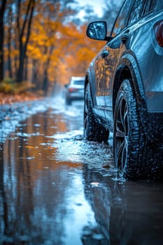 Cautious drive: vehicle carefully maneuvers on a slick road, illustrating the significance of maintaining control and awareness in adverse weather conditions to ensure safety and prevent accidents