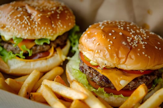 Close-up of delicious cheeseburgers with fries, featuring fresh ingredients.