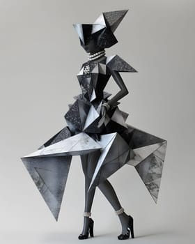 Stylish model wearing a geometric dress, showcasing a modern abstract fashion concept