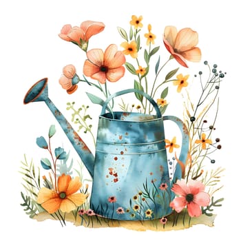 A beautiful painting of a watering can surrounded by flowers in a flowerpot, showcasing creative artistry and floral arrangement on a white background