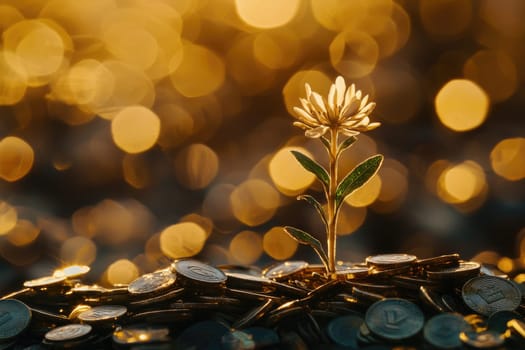 A striking image of a single plant sprouting from a stack of coins, symbolizing growth and potential in finance. The warm golden background enhances the theme of prosperity and hope.