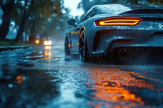 Safe journey: vehicle cautiously navigating a damp roadway, emphasizing the importance of driving safety and vehicle control on slippery surfaces while adapting to challenging wet road conditions