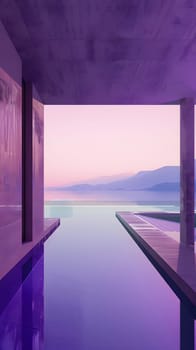 Contemporary infinity pool with mountain skyline during sunset, tranquil ambiance.