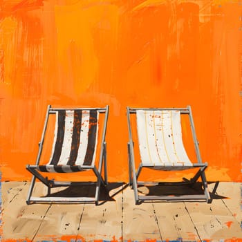Two wooden beach chairs are arranged in front of a rectangular orange wall. The chairs are painted in shades of orange, creating a vibrant outdoor leisure spot
