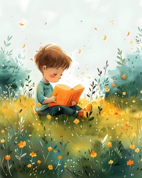 A happy toddler is sitting in the meadow surrounded by grass and plants, reading a book. The scene is like a painting with colorful petals scattered around