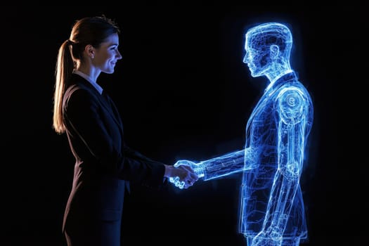 A professional businesswoman engages in a handshake with a holographic representative, symbolizing innovation and digital transformation in corporate partnerships.