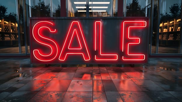 Glowing red neon sale sign outside a store, reflecting on wet pavement at night.