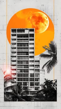 A stunning collage of a skyscraper with a unique facade, surrounded by palm trees under a full moon. The blend of art and real estate creates a captivating scene