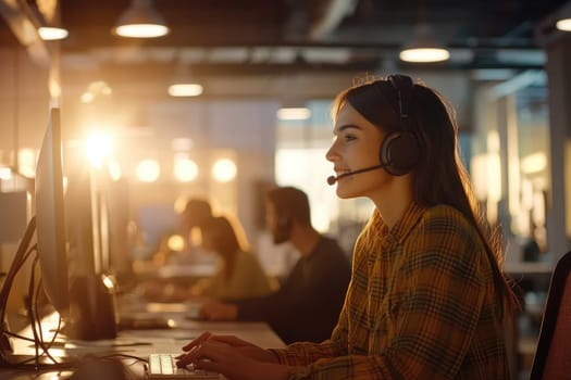 A woman works diligently in a modern call center, engaging with customers through her headset. The environment promotes collaboration and effective communication among team members.