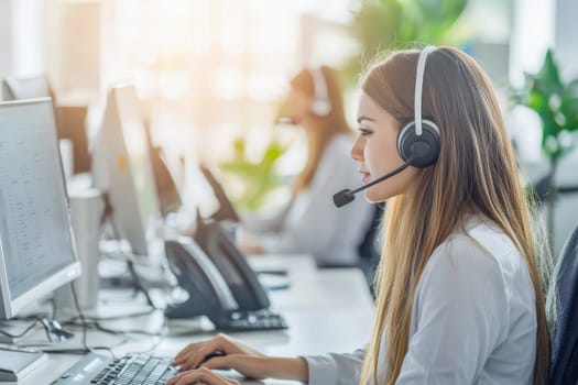 A female call center agent focused on her work, wearing a headset in a modern office environment, exemplifying customer service and professional communication skills.