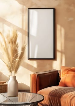 A cozy living room with a comfortable couch, wooden table, decorative vase, and picture frame on the wall. The hardwood flooring complements the interior design of the space