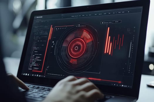 A close-up view of a modern laptop showing a progress system on the screen. The vibrant display features graphical elements, reflecting cutting-edge technology in data analysis and visualization.