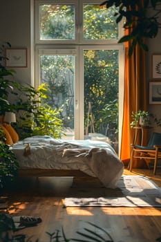 A bedroom featuring a cozy bed, a woodframed window overlooking a garden, with various tints and shades. A flowerpot with a houseplant adds a touch of greenery to the room