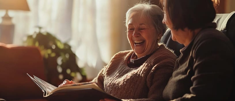 A joyful senior woman in a wheelchair laughs with her caregiver, sharing a heartwarming moment full of warmth and companionship indoors.