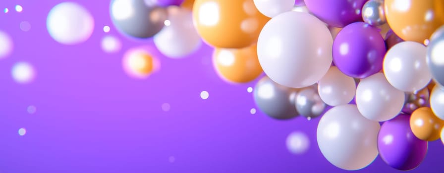 Colorful balloons in shades of gold, silver, white, and purple create festive atmosphere.