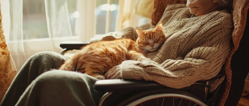 A serene nursing home scene featuring an elderly person in a wheelchair, comfortably resting with a loving cat. The warm ambiance promotes relaxation and companionship.