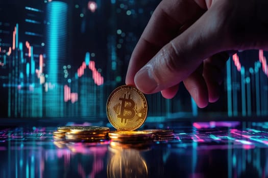 A close-up shot of a hand placing a gold coin onto a stack, symbolizing digital currency and investment in modern finance and technology.