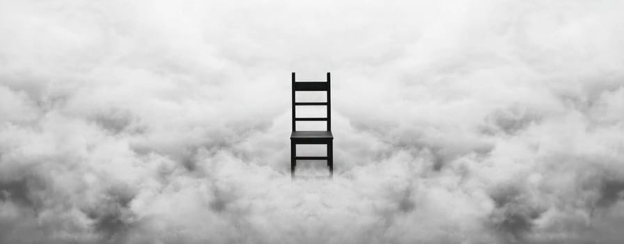 black chair stands alone amidst sea of clouds, evoking solitude.