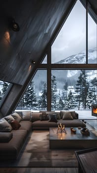 A cozy living room with wooden furniture, a fireplace, and a large window offering a view of the snowy mountain under the cloudy sky