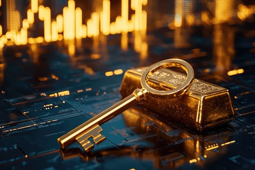 A striking golden key rests on a bar of gold, symbolizing wealth and security in a modern digital environment. Perfect for finance and luxury themes.