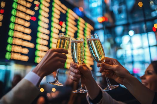 A vibrant atmosphere of celebration among a group toasting with champagne glasses in a business setting, marking a successful investment milestone.