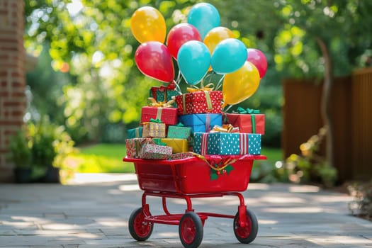 A bright red wagon filled with colorful gifts and balloons, set against a lush garden backdrop, perfect for celebrations, children's parties, and special occasions.