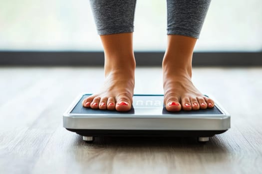 Close-up view of a woman standing on a digital scale with bare feet, emphasizing personal health and wellness while monitoring weight in a modern indoor setting.