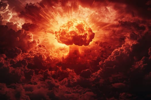 A stunning visual of a powerful atomic explosion showcasing a massive mushroom cloud, with vibrant colors and dramatic lighting that evoke a sense of awe and fear.