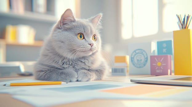 Fluffy cat sitting at desk, observing its surroundings with curiosity.
