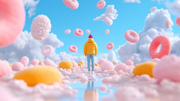 person in colorful jacket stands in surreal landscape filled with fluffy clouds and candy like.