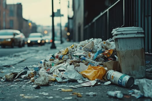 A messy pile of garbage sits upon a city sidewalk, surrounded by an urban landscape. This scene captures the issues of waste management and public cleanliness in urban areas.