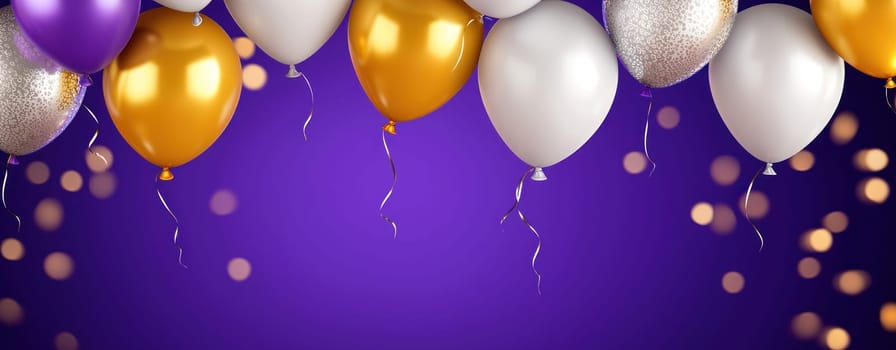 Colorful balloons in gold, silver, and white create festive atmosphere.