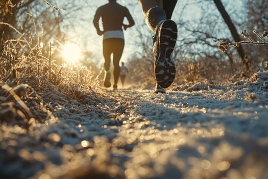 Capture the essence of morning exercise as runners move over a frosty trail, illuminated by soft sunlight, showcasing fitness and vitality in nature.