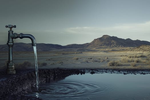 A single steady stream of water flows from a faucet into a reflective basin in a vast desert landscape, showcasing the contrast between nature and human-made infrastructure.