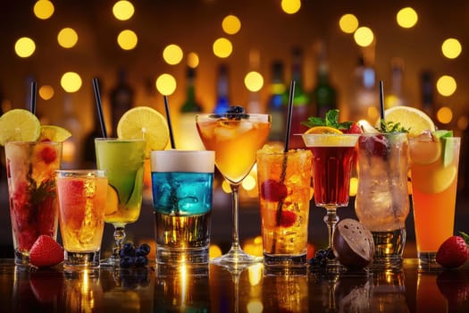 A vibrant array of cocktails showcased at a bar, each drink garnished with fresh ingredients and served in stylish glasses, perfect for celebrations or summer gatherings.