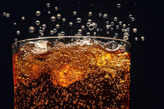 Close-up of a refreshing carbonated drink with rising bubbles and ice cubes, creating a vibrant and lively visual against a dark background. Perfect for beverage promotions.