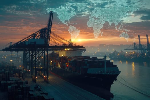 A stunning scene of a cargo ship unloading containers at dusk, featuring cranes silhouetted against a vibrant sunset and a map overlay showcasing global trade connections.