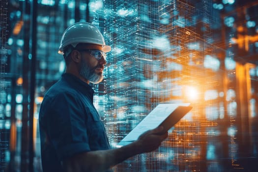 An engineer in a hardhat examines a blueprint with a focus on the intricate details of building design, showcasing professionalism and safety in construction.