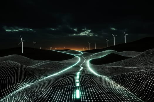 a futuristic scene, illuminating the landscape with vibrant colors and showcasing scenic wind turbines..