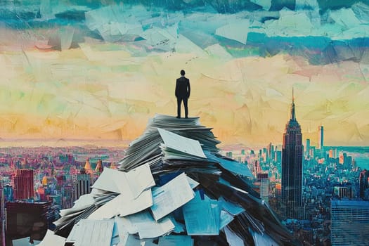 A surreal collage depicting a figure standing atop a mountain of papers, overlooking an urban skyline at sunset, symbolizing challenges and solitude.