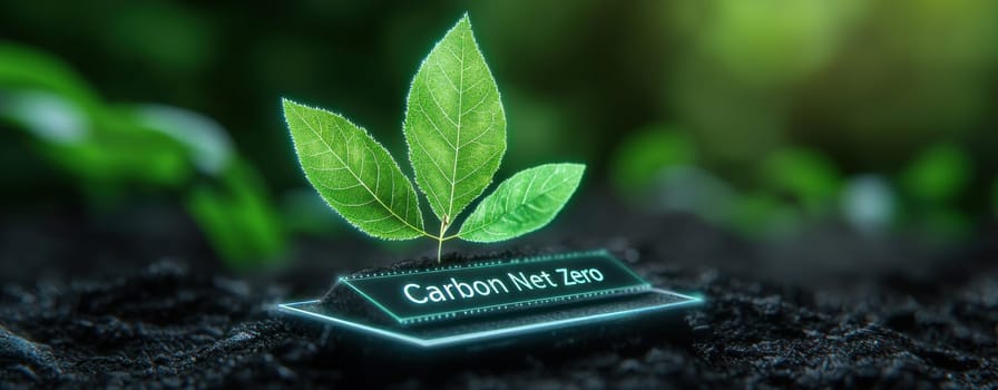 Carbon net zero concept with green leaves symbolizing sustainability.