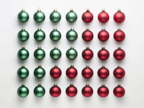 Neat arrangement of red and green Christmas ornaments for festive decoration.
