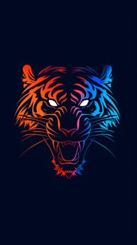 Vibrant neon tiger with a fierce expression on a dark background, eye-catching design.